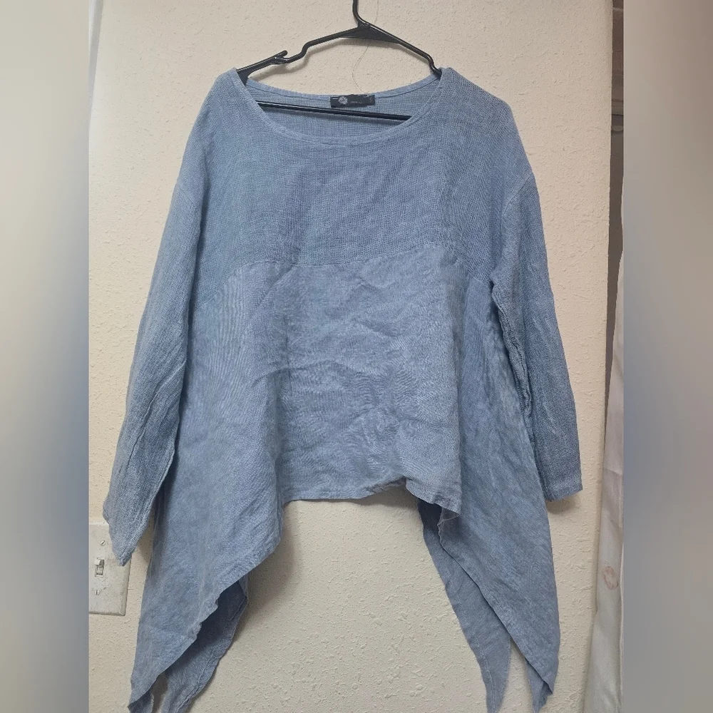 Oversize Light Blue Linen Blend Long Sleeve Tunic Top